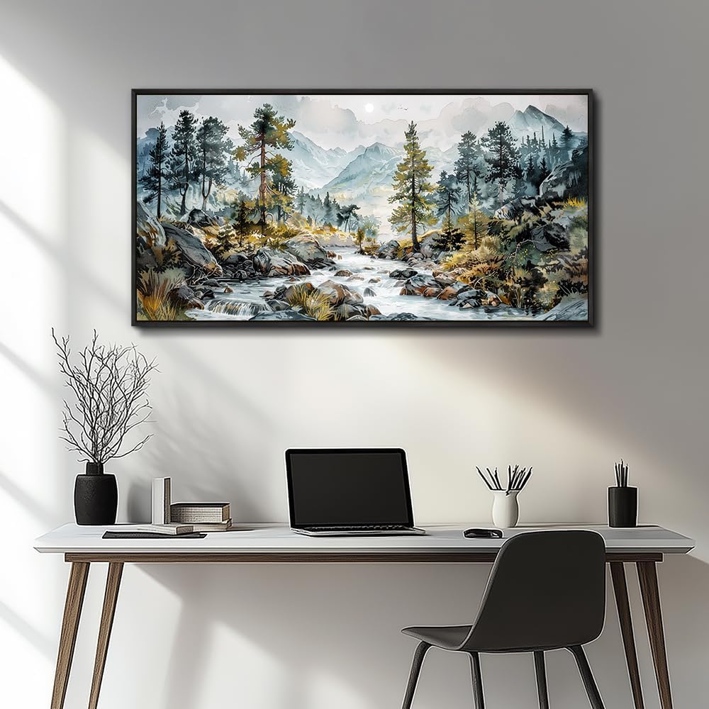 PHAOHUAXM Large Wall Art For Bedroom Wall Decor For Living Room Office Home Decoration Rivulet View Painting Forest Tree Landscape Watercolour Canvas Pictures Ready To Hang Black Framed 20x40 In