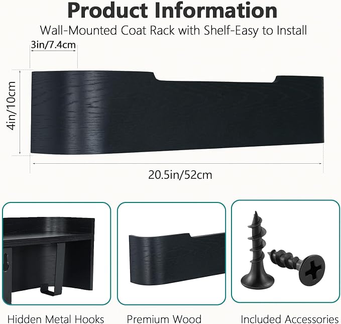 Coat Rack Wall Mount with Shelf 5 Hidden Hooks Modern Wooden Key Holder Entryway Organizer for Hallway Bedroom Bathroom Home Decor Storage for Hanging Coats Hats Bags Towels, Black