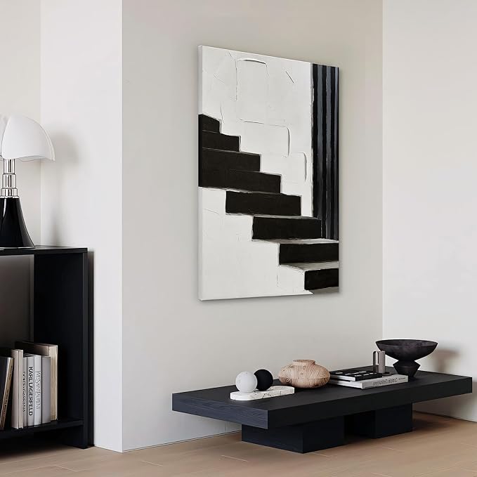 Modern Minimalist Abstract Black & White Canvas Wall Art for Living Room | Large 3D Textured Oil Painting Artwork for Bedroom Dining Room Office Hallways, Neutral Geometric Wall Decor 24x36 Inch