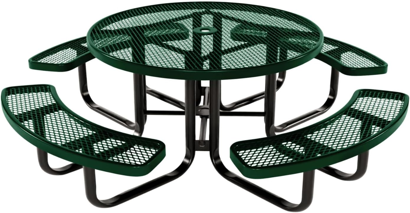 Coated Outdoor Furniture Heavy-Duty Portable Outdoor Kids Table with Umbrella Hole, Expanded Metal Kids Picnic Table, Commercial-Grade, Made in America (46 In, Round, Childrens, Green)