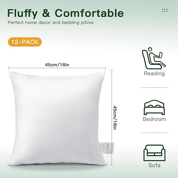 OTOSTAR Pack of 12 Throw Pillow Inserts, 18 x 18 Square Cushion Inner Soft Fluffy Plump Stuffer Cushion Pads White Decorative Pillow Inserts