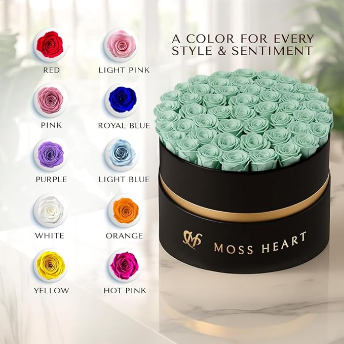 50 Petite Preserved Roses, Designer Round Box, Real Forever Roses Last 1+ Year, Premium Gift for Women, Wife, Girlfriend, Mother’s Day, Birthday, Anniversary, Valentine’s Day