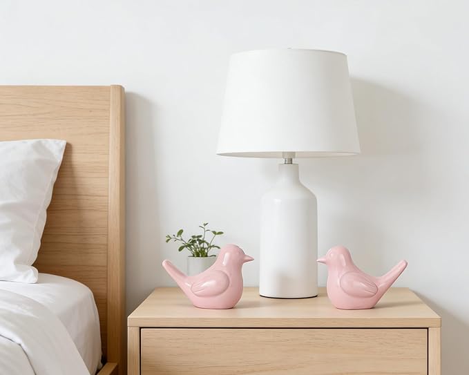 Small Pink Bird Statue Ceramic 2-Piece Set, 3¾ inch Cute Knick Knack for Home Office Shelf Desk Decor
