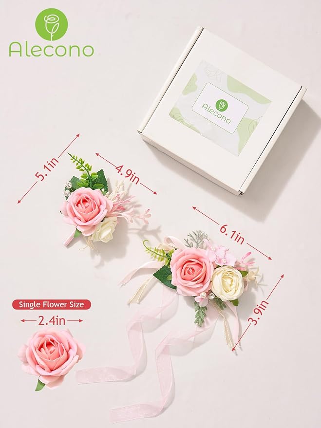 Alecono Pink Corsage and Boutonniere Set, Corsages for Bride Bridesmaid Groom Bridegroom, Artificial Flowers for Prom Graduation Ceremony Anniversary