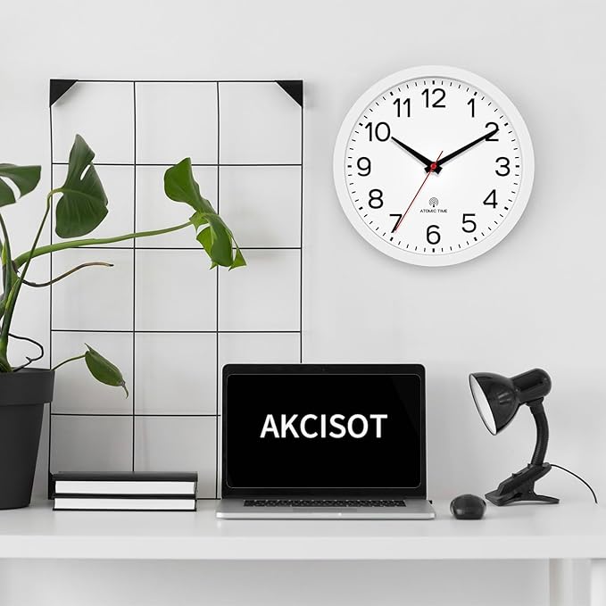 AKCISOT Atomic 10 Inch Wall Clock, Analog Indoor Battery Operated Clock for Kitchen Bedroom Office Classroom Living Room (White)