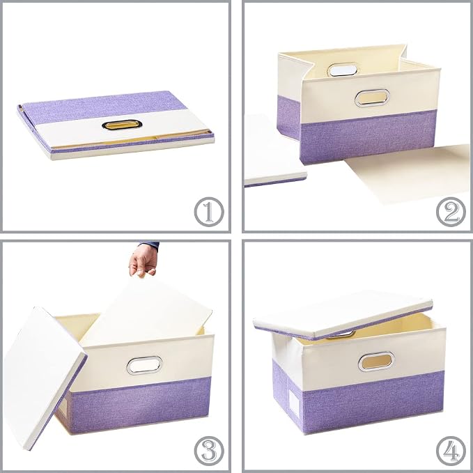PRANDOM Large Foldable Storage Bins with Lids [3-Pack] linen Fabric Decorative Storage Boxes Organizer Containers Baskets Cube with Handles Divider for Bedroom Closet Purple&Cream(17.7x11.8x11.8)