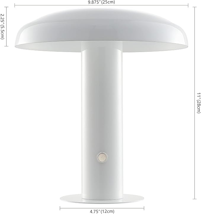 JONATHAN Y 11" White Rechargeable LED Mushroom Table Lamp, Cordless Portable Dimmable Mid-Century Modern Accent Lamp, with Metal Shade, Touch Sensor (JYL7114B)