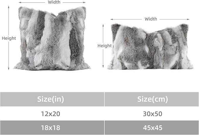 Genuine Rabbit Fur Throw Pillow Covers Set of 2, Luxury Decorative Pillowcases Soft Fluffy Animal Skin Accents Cushion Cover for Couch Sofa Bedroom Living Room Home,18x18 inch,Gray-White