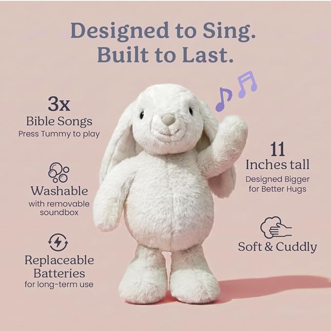 Praise Bunny Christian Easter Gift Set for Kids – 11” Singing Plush Toy with 3 Bible Songs, Hardcover Blessing Book, Keepsake Box, Stickers, Easter Basket Stuffers, Christening Gift for Baby, Toddlers