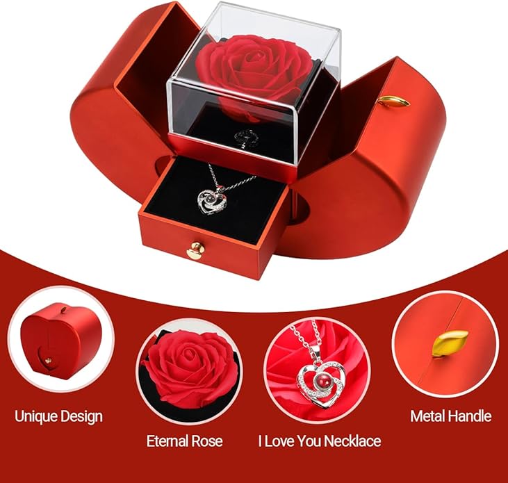 Emibele Preserved Rose Gifts for Women, Eternal Flower Rose Box with Heart Necklace, Romantic I Love You Gifts for Women Her Wife Mom Grandma on Valentines Mothers Day Birthday Anniversary