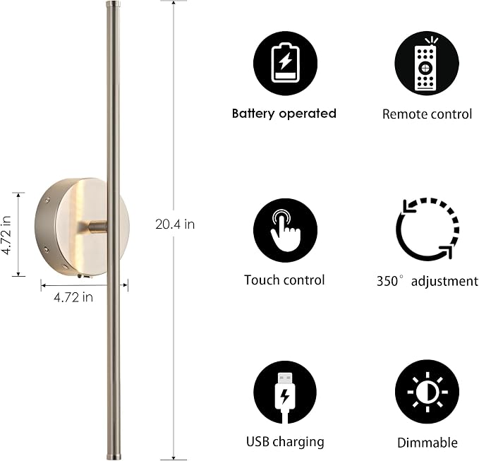 KARTOOSH Battery Operated Wall Sconces with Remote Control, Dimmable Wall Sconces Set of Two, 350°Rotate, 3000K LED Nickel Wireless Wall Light for Living Room, Bedroom, Hallway, 20.4 Inch (2 Pack)