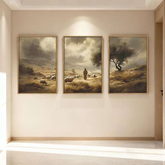 HPNIUB Neutral Jesus Leaves the 99 Sheep Framed Wall Art Set | Easter Lost Lamb Christian Religious Vintage Inspiring Good Shepherd Artwork for Church Room Christian Faith Gift-16''x24''x3