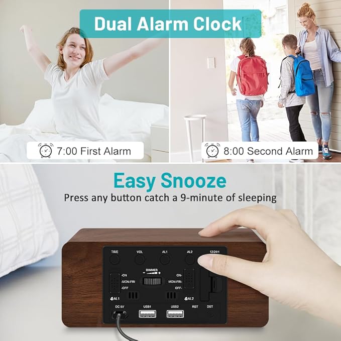 Andoolex Wooden Digital Alarm Clock with Wireless Charging, 0-100% Adjustable Brightness Dimmer and Alarm Volume, Weekday/Weekend Mode, Dual Alarm, Snooze, 12/24H, Wood LED Clock for Bedroom (Brown)