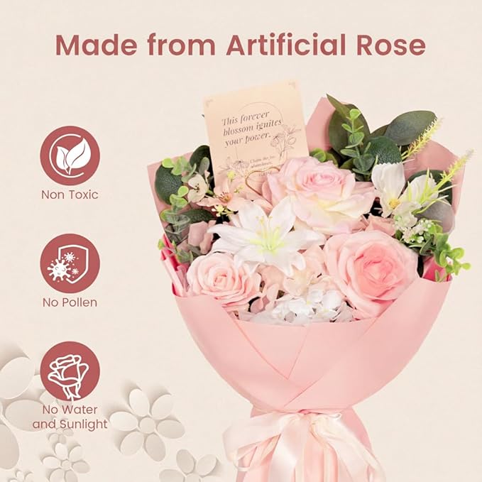 TINGE TIME Preserved Flowers Bouquet, Pink Forever Flowers Bouquet, Flowers for Delivery, Birthday Wedding Anniversary Valentine Gifts for Women Mom Grandma Her Wife Girlfriend