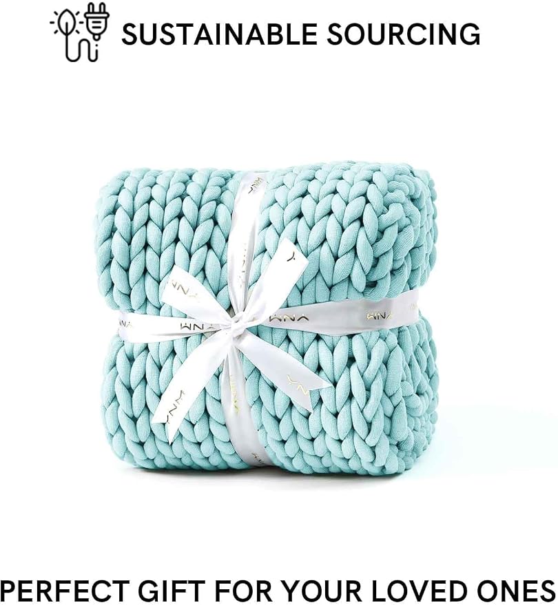 YnM Chunky Throw Blanket, Medium-Weight, Hand Knitted, Skin Friendly, Ventilated and Breathable, Machine Washable, Home Décor Piece for Couch, Sofa and Bed (Aqua Blue, 60x80 Inch)