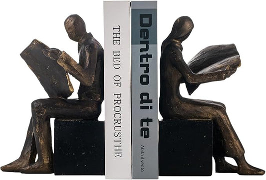 Lukitas Decorative Newspaper Reader Bookends, Heavy Duty Book Holder Non-Slip, Vintage Home Décor Accessories for Study Office Bookshelf, Bronze, Resin, 1Pair/2Piece 8''