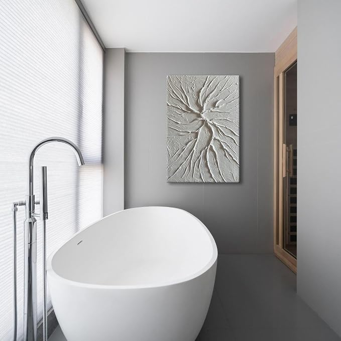 zoinart White Textured Wall Art Pure White Abstract Modern Concrete Canvas Paintings Hand Painted 3D Contemporary Art, Minimalist Wall Art 24x36 inch