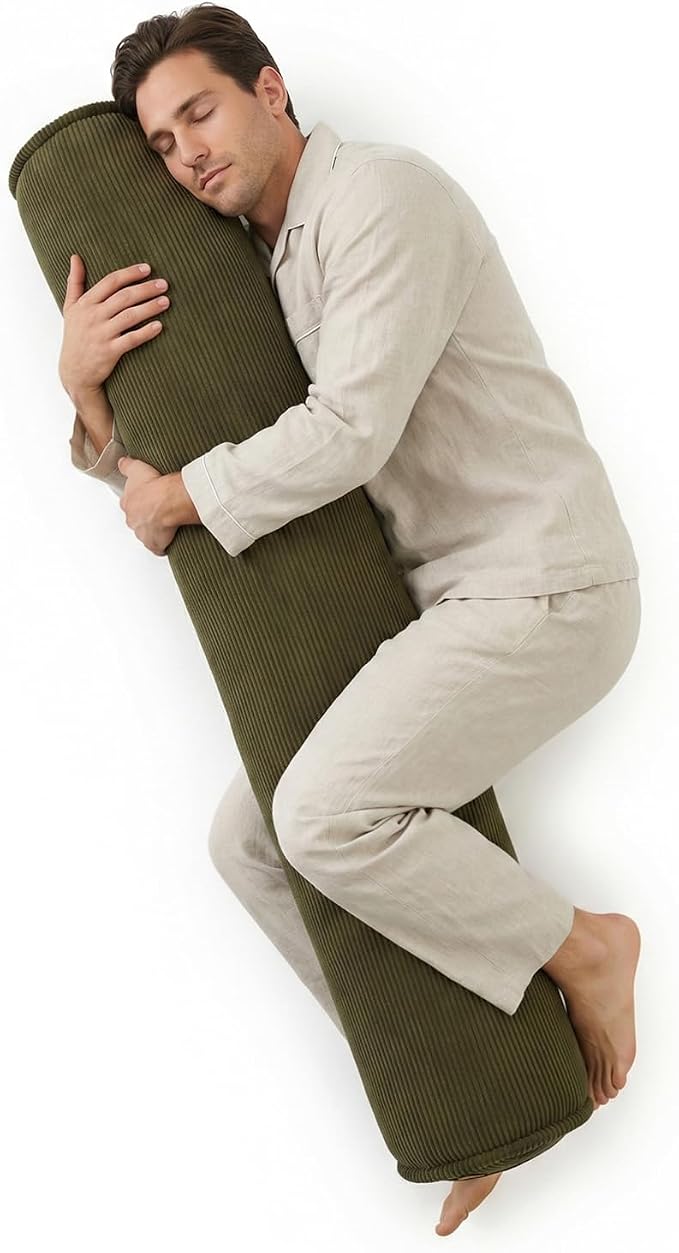 Body Pillow for Adults – Corduroy Long Round Bolster Pillow for Bed, Cuddle Pillow with Full Support for Side Sleepers & Restful Sleep,59 x 7.87 Inches,Martini 0live