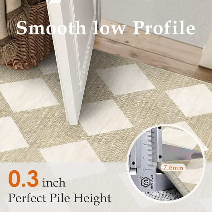 PureCozy Checkered 2x6 Runner Rug for Hallways Beige Washable Long Carpet Non-Slip Low Pile Modern Soft Indoor Accent Throw Rugs for Entrance Kitchen Bedroom Dining Laundry