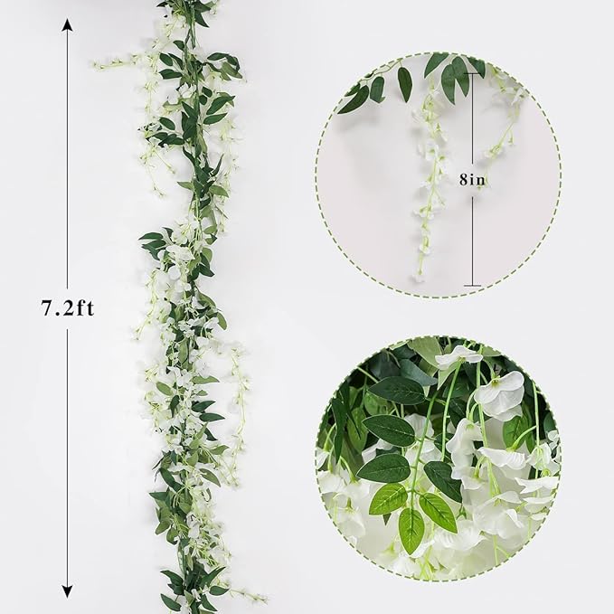 Veryhome 3Pcs 7.2Ft/Piece Artificial Flowers Wisteria Garland Artificial Wisteria Vine Hanging Flower Greenery Garland for Home Garden Outdoor Wedding Arch Floral Decor (White)