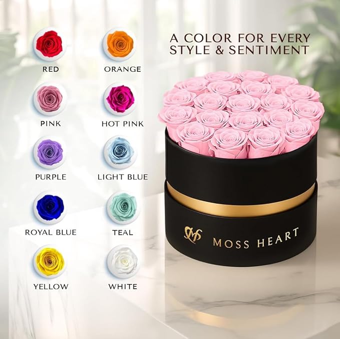 20 Mini Preserved Roses, Round Luxury Gift Box, Real Forever Roses Last 1+ Year, Premium Romantic Gift for Women, Wife, Girlfriend, Mother’s Day, Birthday, Anniversary, Valentine’s Day