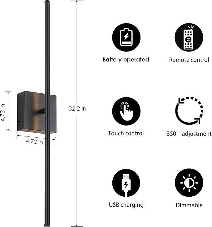 KARTOOSH 32.2 Inch Wall Sconces Battery Operated for Living Room Black | Rechargeable Wireless Wall Lamp Set of 2, 3000K Warm White Dimmable Wall Light Remote Control Indoor Lighting for Bedroom
