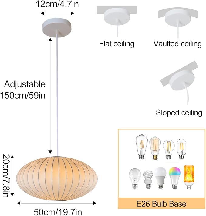 Italian Silk Pendant Light, 19.7 Inch White Bubble Fabric Lantern Ceiling Hanging lamp, Modern Silkworm Cocoon Chandeliers Fixture for Living Dining Room Kitchen Island Restaurant Foyer