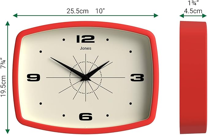 JONES CLOCKS® Movie Wall Clock | Rectangular Retro Clock | 25cm | Red | Cool mid-Century Designer Look for Kitchen, Living Room or Office