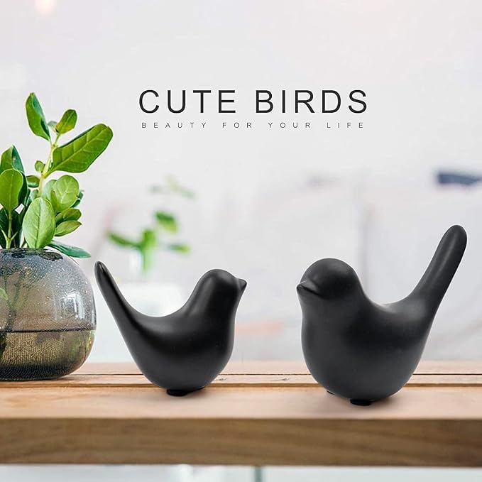 2 Pcs Ceramic Small Bird Figurines Modern Animal Statues for Home 、Room Decor and Bedroom Decor and Bookshelf Display (Black)