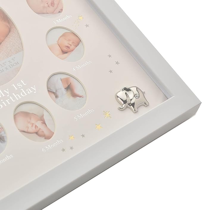 Happy Homewares Bambino Multi Aperture First Year Wooden Collage Photo Frame with Silver Icons - Perfect for a Family with a