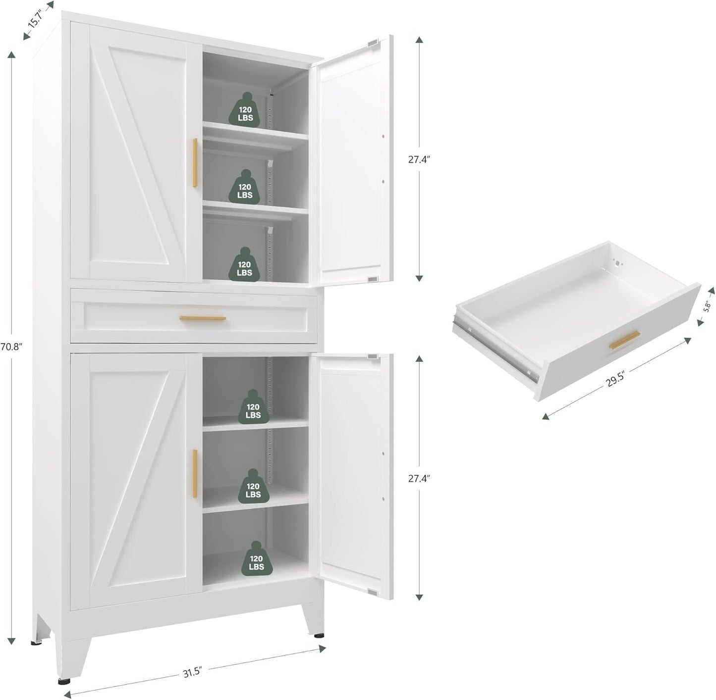71 "Farmhouse Metal Filing Cabinet with a Drawer and 4 Adjustable Shelves, with 4 Large barn Door White Kitchen Cabinets, Metal Food Cabinets for Home, Kitchen, Dining/Living Room (White)