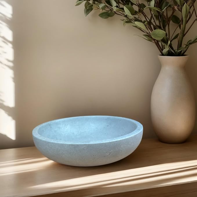 Travertine Decorative Bowls for Home Decor, Fruit Bowl for Kitchen Counter, Keys Bowl for Entryway Table, Large Candy Serving Bowl for Table Centerpiece Office Modern Home Decor (Light Gray)