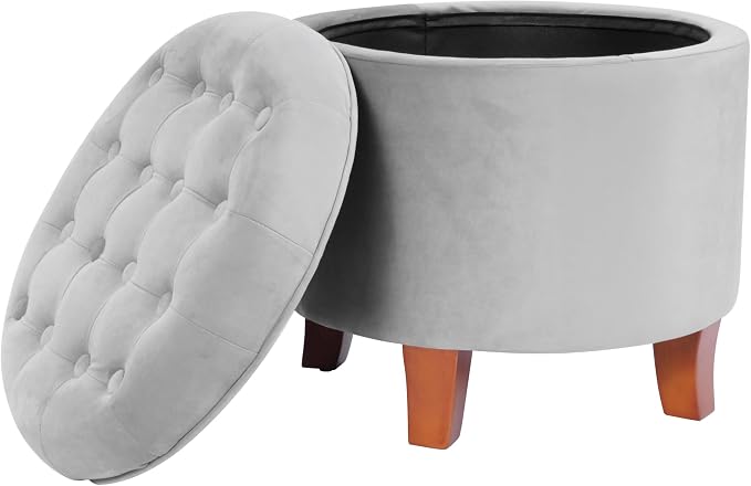 HomePop by Kinfine Fabric Upholstered Round Storage Ottoman - Velvet Button Tufted Ottoman with Removable Lid, Light Gray Small