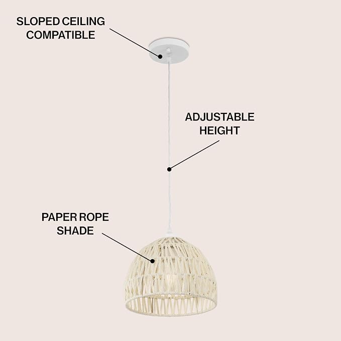 JONATHAN Y 10.25" Cream Modern Bohemian Woven Rope LED Pendant Light Fixture, Adjustable Dome Ceiling Lamp for Kitchen Island, Rope Shade, Coastal Farmhouse Decor (JYL6513C)