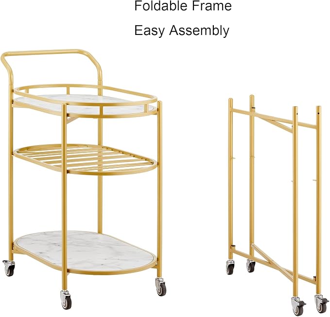 Square Gold Bar Carts with 3 Tier Storage Shelves Holder Home and Rotating Wheels for Home Kitchen, Bar, Dinning Room and Living Room, Easy Assembly