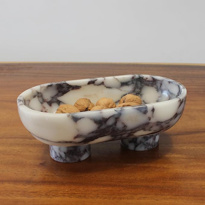 Nawgnail Natural Oval Calacatta Viola Marble Fruit Bowl for Kitchen Counter 10", Large Decorative Bowl Two-Legs for Home Decor, Fruits Holder For Dining Table - Kitchen Organization