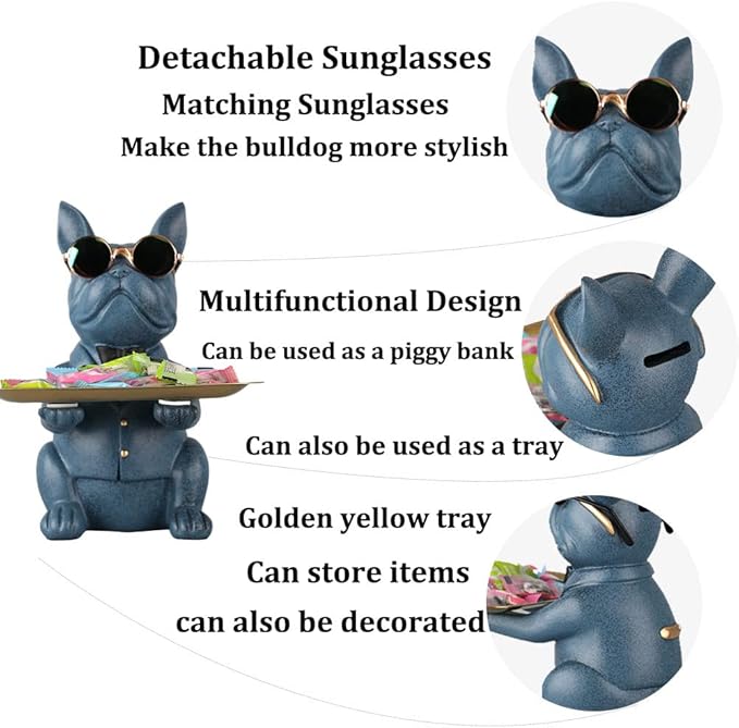 Modern Resin Blue Bulldog Statue Piggy Bank Key Holder Candy Jewelry Earrings Tray for Home Decor Modern Art Dining Table Decor Office