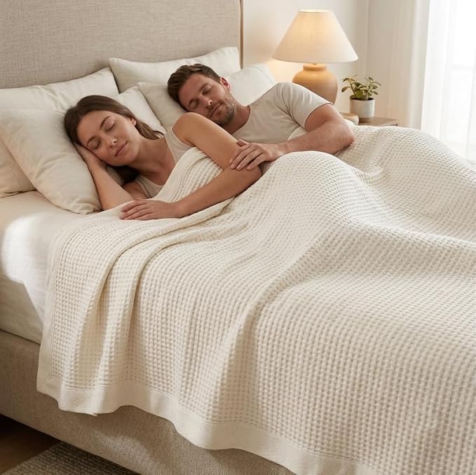 TreeWool Premium 100% Cotton Waffle Summer King Blanket (90"x108", Ivory) | 420 GSM Breathable Lightweight Moisture Wicking Soft Knit Thermal Blanket for Bed or Sofa All-season Comfort Machine Washable
