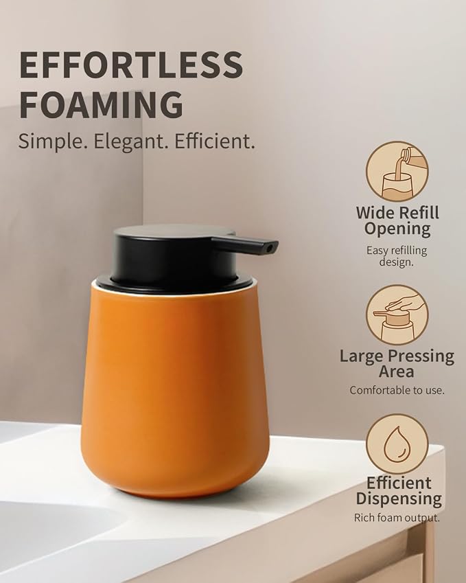 BosilunLife Ceramic Bathroom Accessories Set 3 Pcs, Foaming Soap Dispenser and Toothbrush Holder with Tray, Modern Farmhouse Vanity Decor, Orange Housewarming Gift