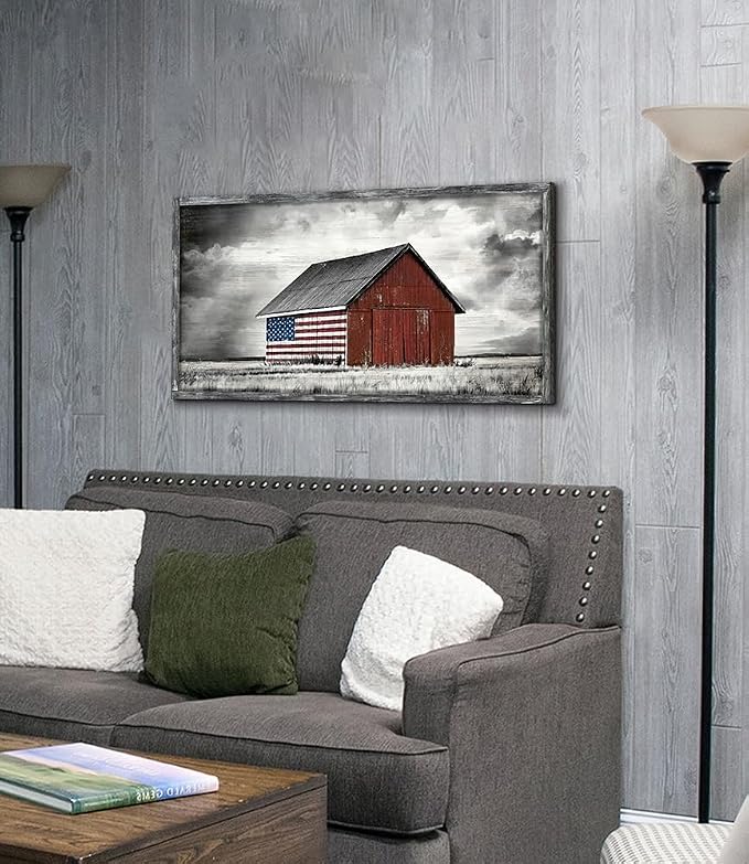 Barn Wall Art Wood Picture: Large Farmhouse Country American Flag Framed Painting Decor Black White Rustic Farm Countryside Landscape Artwork Panoramic Horizontal Rural Nature Scene Print for Living Room Bedroom
