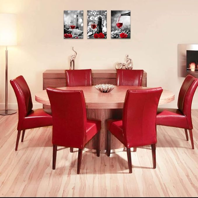 Wine Decor Kitchen Canvas Art Red Wine Rose Artwork for Home Walls Black and White With Red Wine Painting Printed Rose Art Dining Room Decor Red Kitchen Pictures Wall Decor Stretched 16x24inchx3