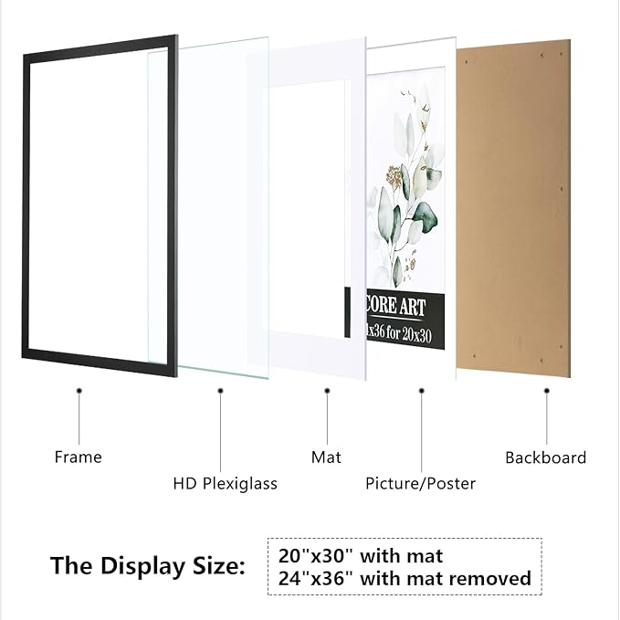 CORE ART 24x36 Poster Frame - Black Picture Frame for Wall Display, Fits 20x30 with Mat or 24 x 36 Without Mat, Horizontal & Vertical Mounting,2 Pack
