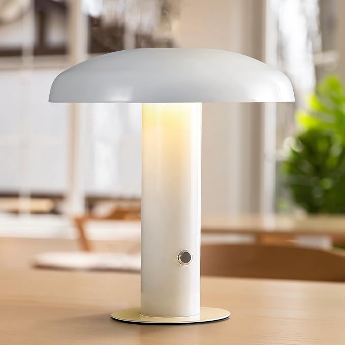 JONATHAN Y 11" White Rechargeable LED Mushroom Table Lamp, Cordless Portable Dimmable Mid-Century Modern Accent Lamp, with Metal Shade, Touch Sensor (JYL7114B)