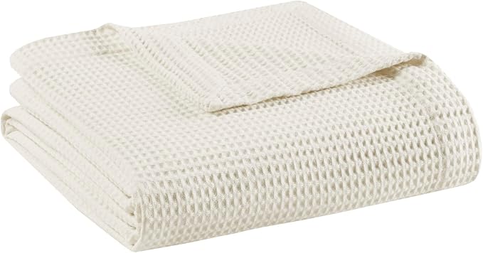 Madison Park 100% Cotton Blanket, Trendy Woven Waffle Weave Design, All Season, Lightweight, Breathable, Soft and Cozy Casual Summer Cover, for Bed, Couch and Sofa, King(108 in x 90 in), Ivory