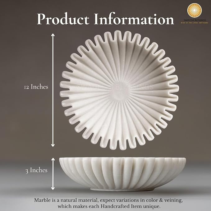 SWADESHI BLESSINGS HandCrafted Marble Ruffle Bowl/Antique Scallop Bowl/Fruit Bowl/Vintage Ring Dish/Decorative Flower Dish/HouseWarming Gift/Wedding Gifts/Urli (12 Inches)