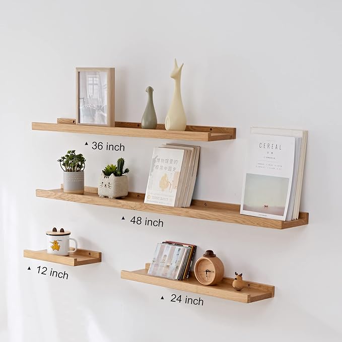 Floating Shelves Wall Mounted, 12 Inch Wall Shelves for Decor and Storage, Natural Solid Oak Wood Shelf, Picture Ledge for Bedroom/Bathroom/Living Room/Kitchen/Laundry Room, Natural Color