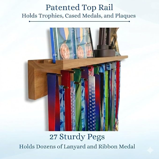 MedalAwardsRack 3ft- Ultimate Medal Hanger Display and Trophy Shelf - Multi-Sport Trophy and Medal Holder for Medal Display, Plaques, Pictures, Trophies and more. Solid Wood - Large 36" - Walnut