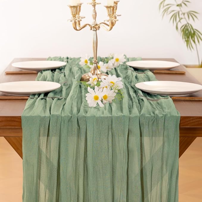 Socomi 6pcs Sage Green Cheesecloth Table Runner Easter Spring Boho Rustic Gauze 120 inch 10FT Cheese Cloth Runner for Wedding Party Baby Shower Home Decor Holiday Decorations