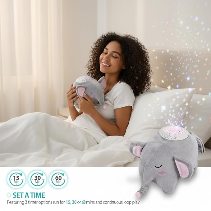 BEREST Baby Elephant Soother Toy with Starry Night Light Projector, Shushing Heartbeat Plush Stuffed Animal with Lullaby Music & White Noise for Newborn Sleep Aid, Perfect Infant Shower Gift