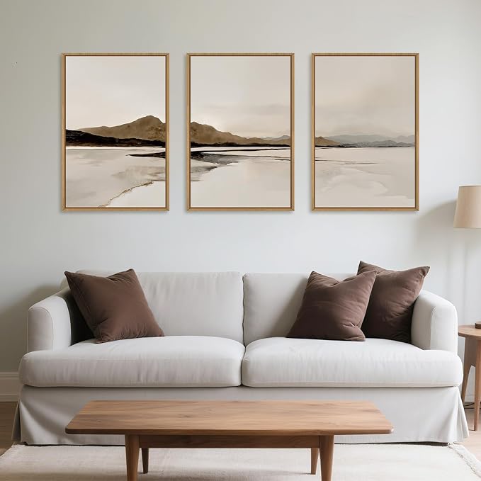 Netural Abstract Mountain Framed Canvas Wall Art Set, Nature Misty Lake Wall Decor,Modern Beige Grey Wall Painting, Minimalist Landscape Art Prints for Living Room,Bedroom,Office -16"X24"X3